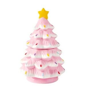 NIB Pink Ceramic Christmas Tree Cookie Jar with Yellow Star New